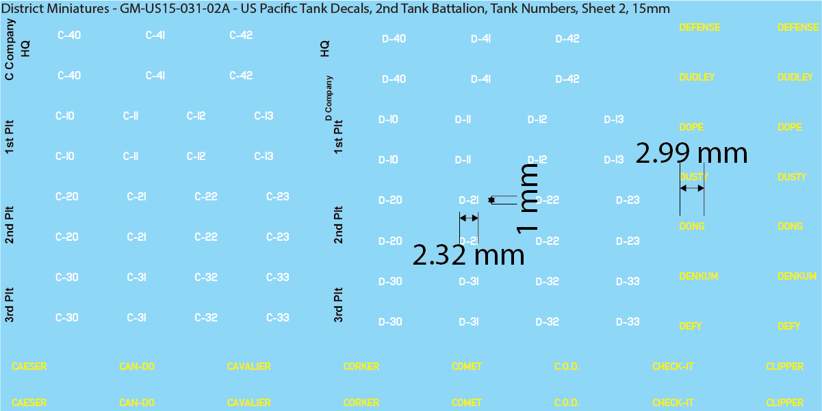 WW2 US Pacific Decals, 2nd Tank Battalion Tank Names and Numbers (Multiple Options), 15mm Decals