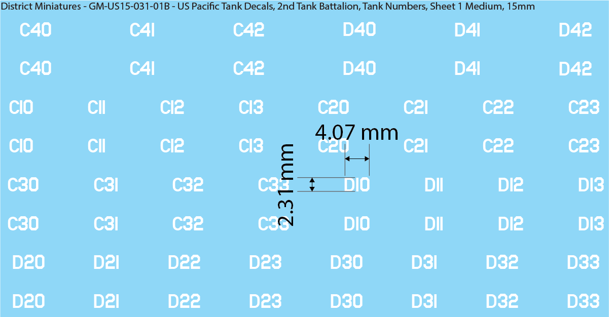 WW2 US Pacific Decals, 2nd Tank Battalion Tank Names and Numbers (Multiple Options), 15mm Decals