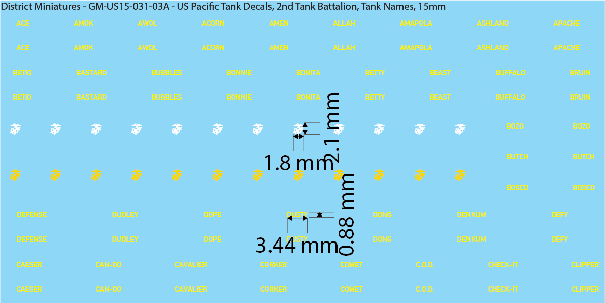 WW2 US Pacific Decals, 2nd Tank Battalion Tank Names and Numbers (Multiple Options), 15mm Decals