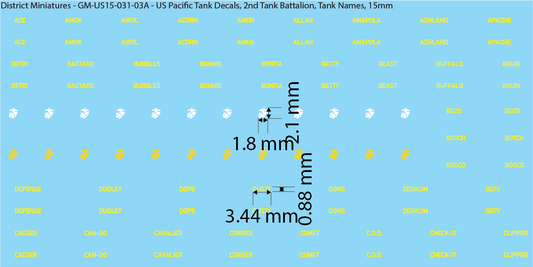 WW2 US Pacific Decals, 2nd Tank Battalion Tank Names and Numbers (Multiple Options), 15mm Decals
