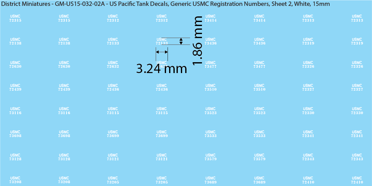 WW2 US Pacific Decals, Generic USMC Tank Registration Numbers (Multiple Options), 15mm Decals