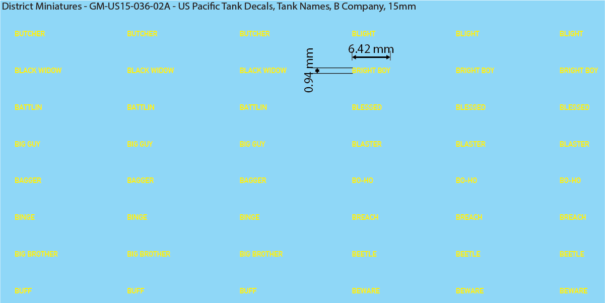 WW2 US Pacific Decals, Tank Names (Multiple Options), 15mm Decals