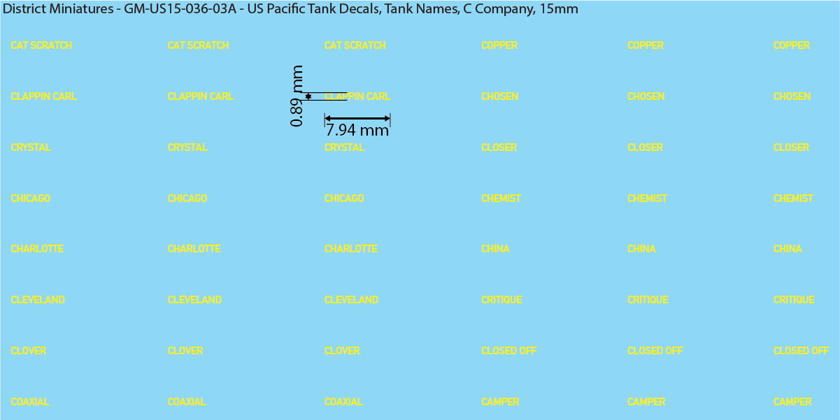 WW2 US Pacific Decals, Tank Names (Multiple Options), 15mm Decals