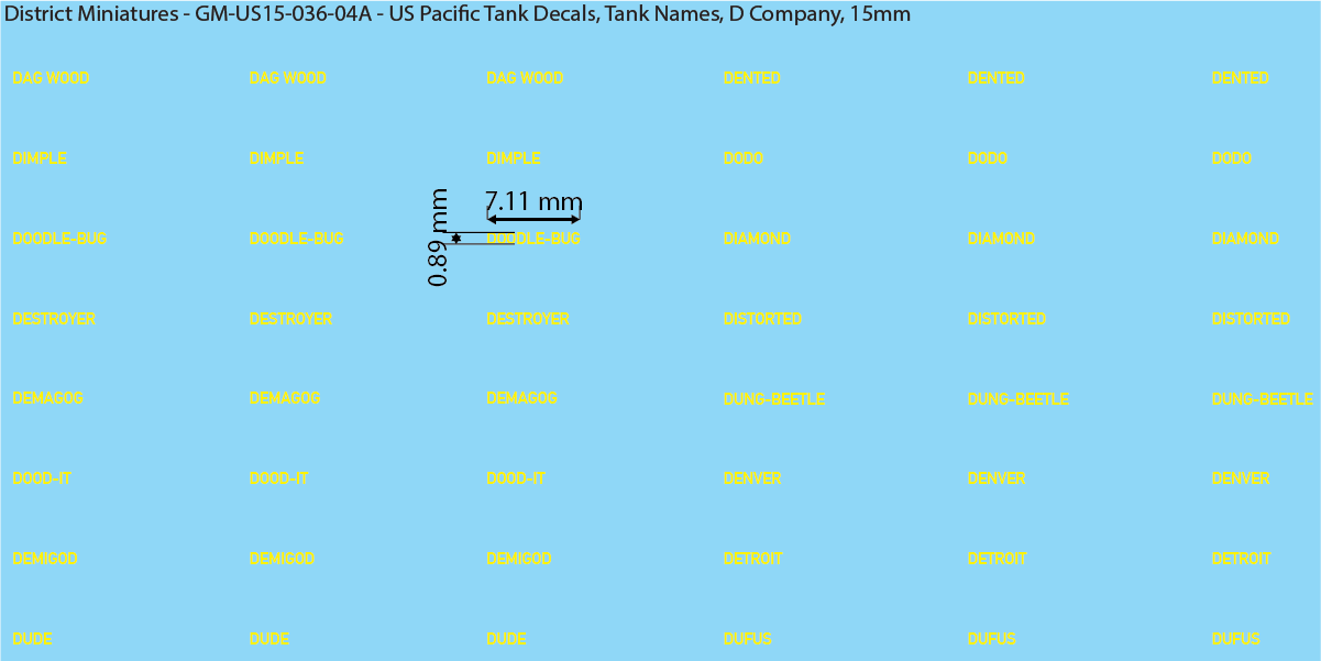 WW2 US Pacific Decals, Tank Names (Multiple Options), 15mm Decals