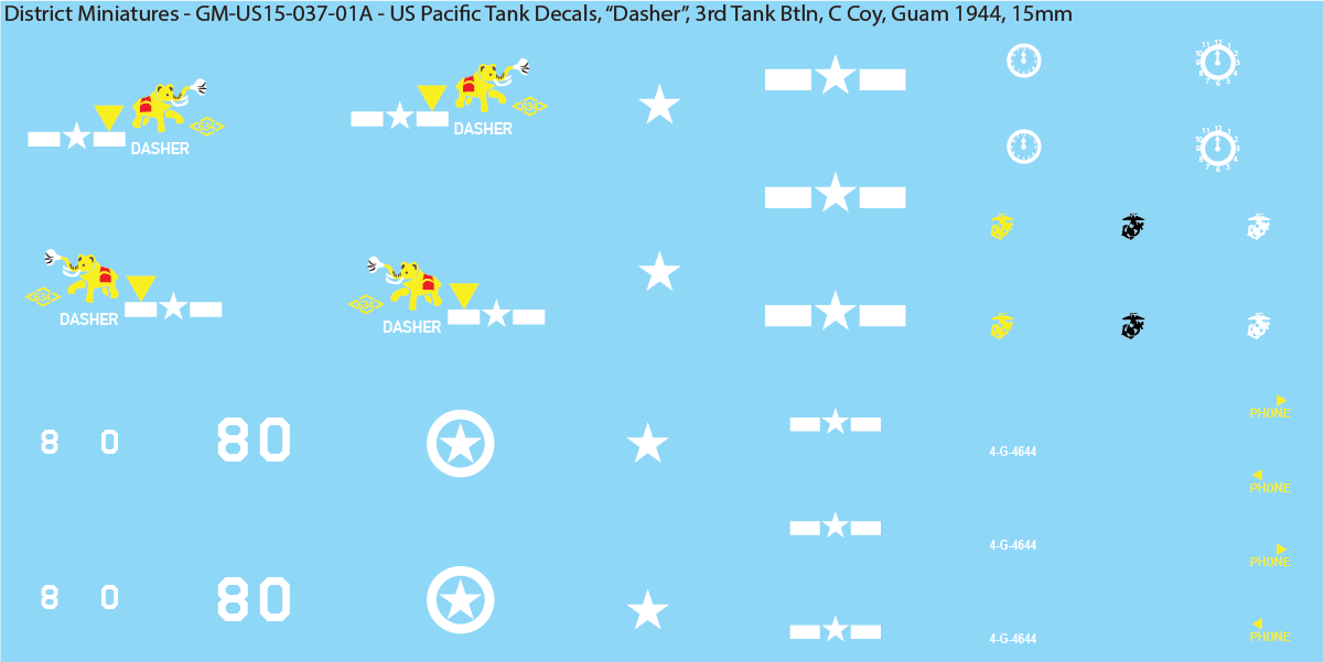 WW2 US Pacific Decals, Unique Sherman Tanks, 15mm Decals