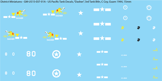 WW2 US Pacific Decals, Unique Sherman Tanks, 15mm Decals