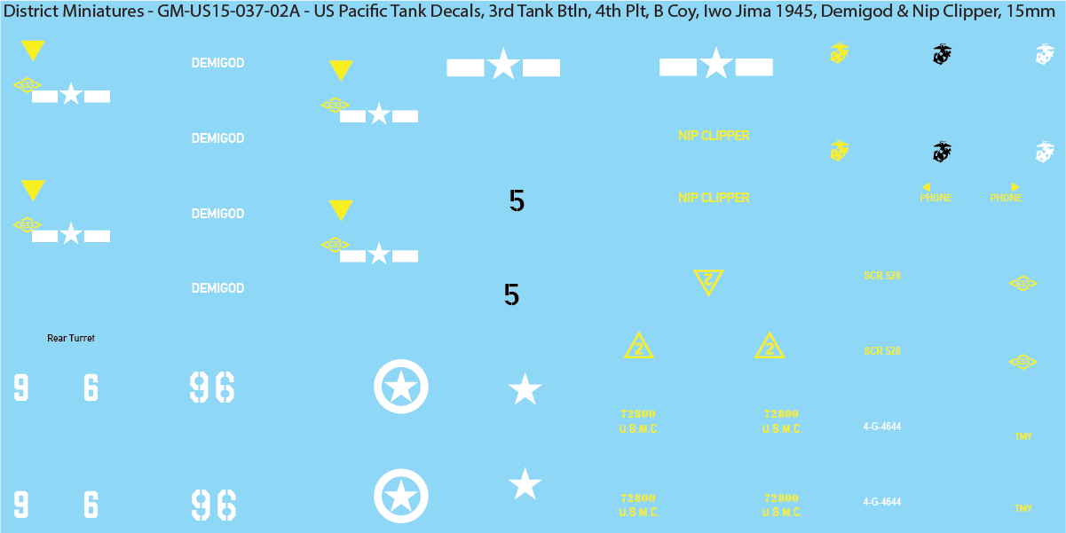 WW2 US Pacific Decals, Unique Sherman Tanks, 15mm Decals