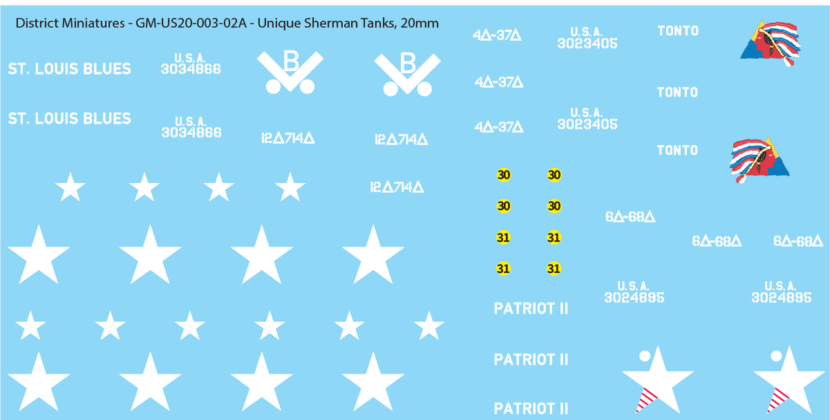 WW2 US Unique Sherman Tanks, 20mm Decals