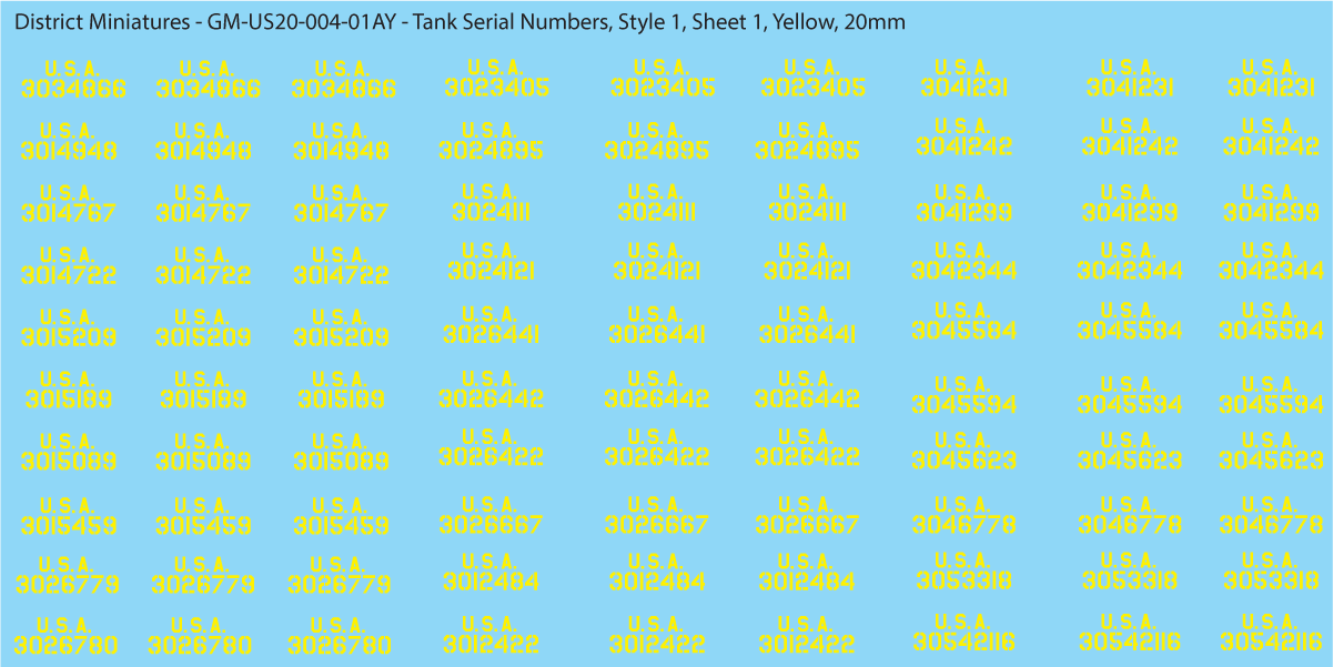 WW2 US Tank Vehicle Numbers, 20mm Decals