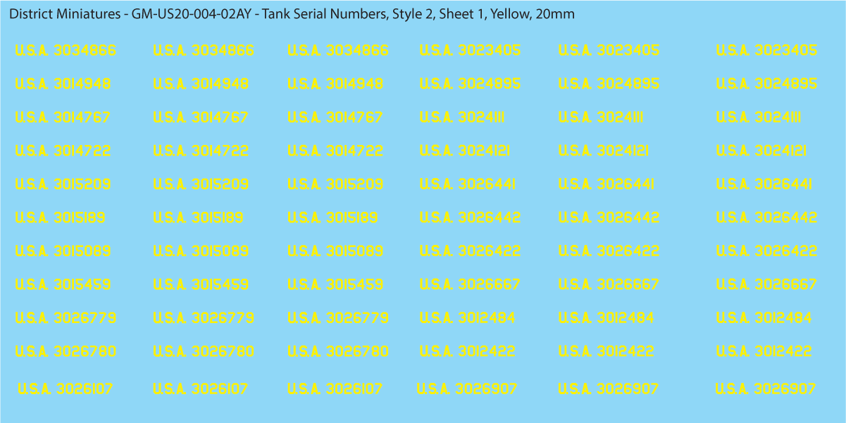 WW2 US Tank Vehicle Numbers, 20mm Decals