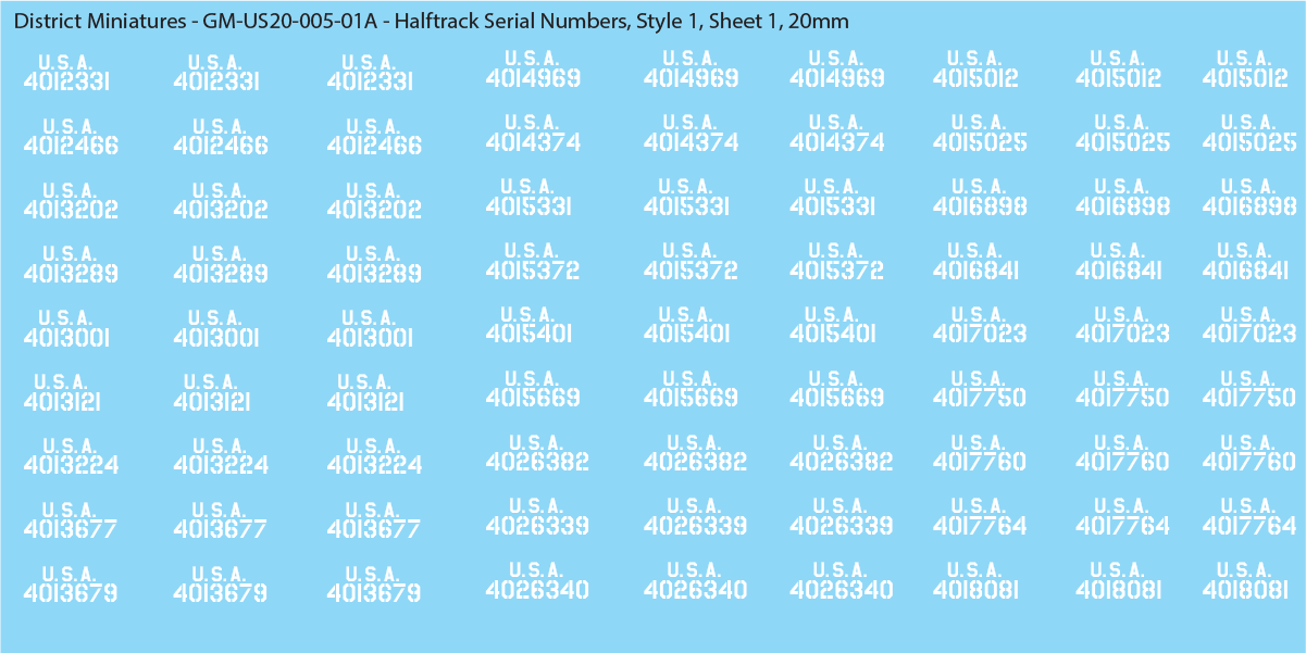 WW2 US Halftrack Vehicle Numbers, 20mm Decals