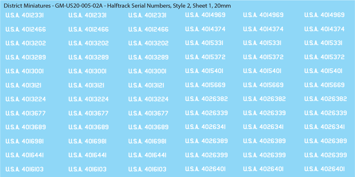 WW2 US Halftrack Vehicle Numbers, 20mm Decals