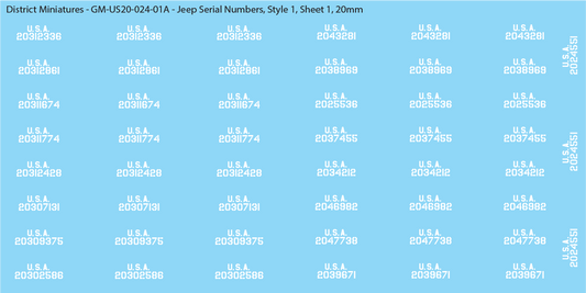 WW2 US Jeep Vehicle Numbers, 20mm Decals