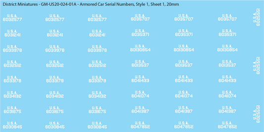 WW2 US Armored Car Vehicle Numbers, 20mm Decals