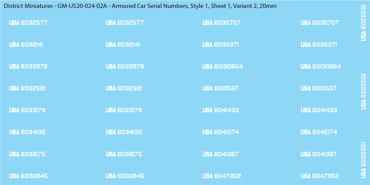 WW2 US Armored Car Vehicle Numbers, 20mm Decals