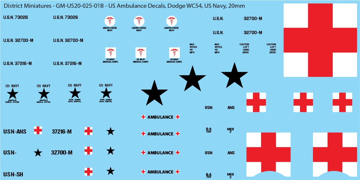 US Ambulance Decals (Multiple Options), 20mm Decals