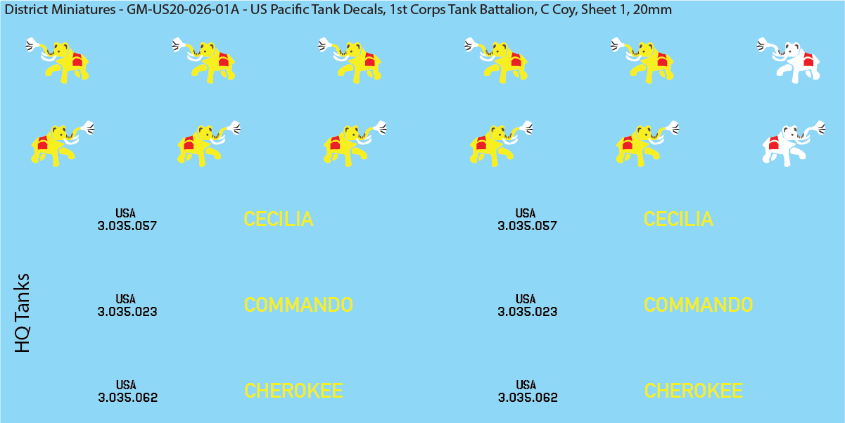 WW2 US Pacific Decals, 1st Corps Tank Battalion (Multiple Options), 20mm Decals
