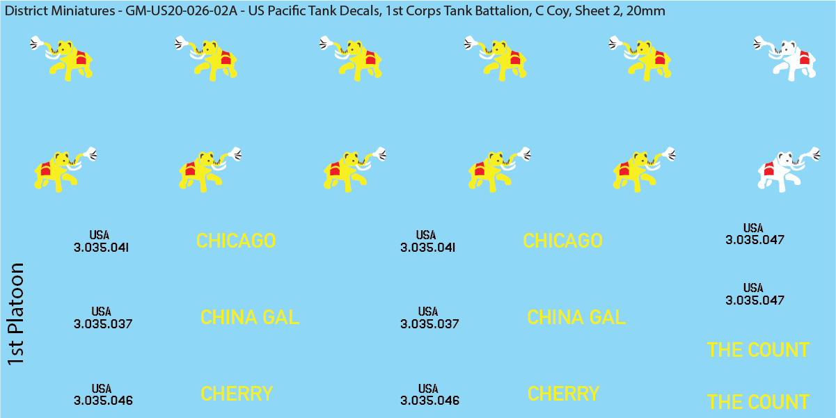 WW2 US Pacific Decals, 1st Corps Tank Battalion (Multiple Options), 20mm Decals