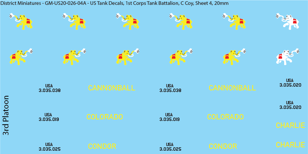 WW2 US Pacific Decals, 1st Corps Tank Battalion (Multiple Options), 20mm Decals
