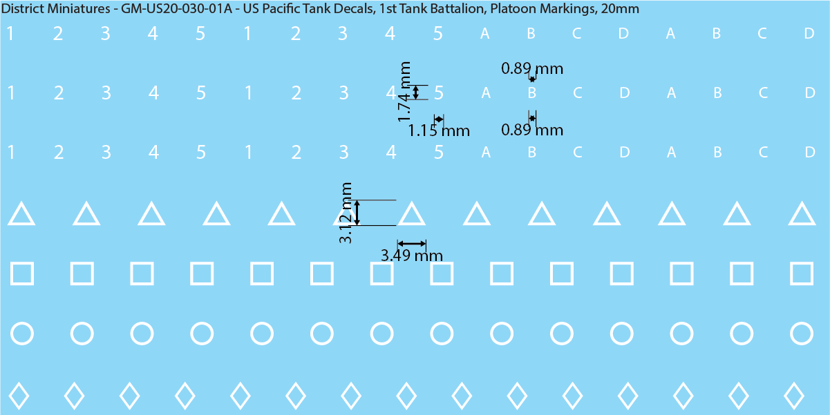 WW2 US Pacific Decals, 1st Tank Battalion, Platoon Markings, 20mm Decals