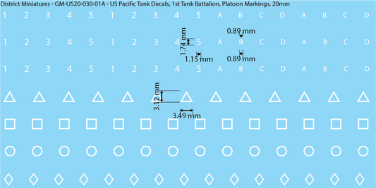 WW2 US Pacific Decals, 1st Tank Battalion, Platoon Markings, 20mm Decals