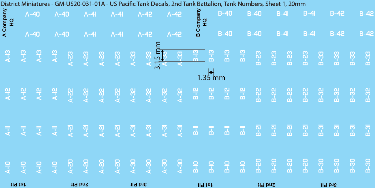 WW2 US Pacific Decals, 2nd Tank Battalion Tank Names and Numbers (Multiple Options), 20mm Decals