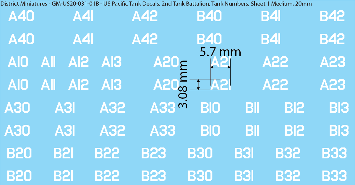 WW2 US Pacific Decals, 2nd Tank Battalion Tank Names and Numbers (Multiple Options), 20mm Decals
