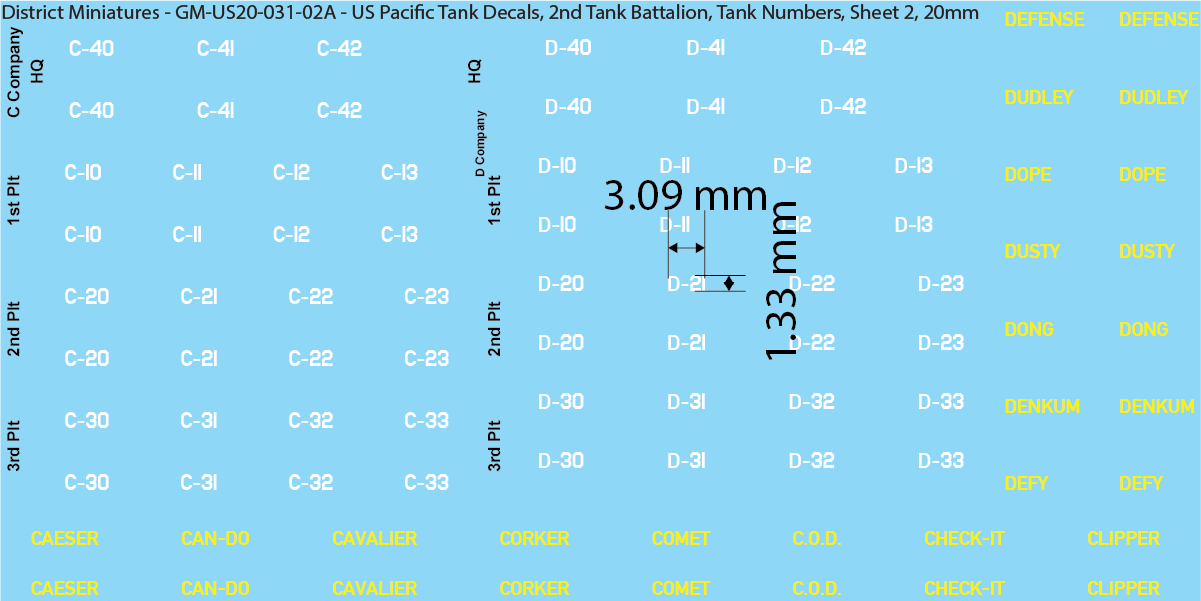 WW2 US Pacific Decals, 2nd Tank Battalion Tank Names and Numbers (Multiple Options), 20mm Decals