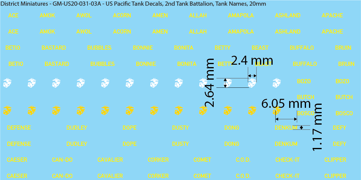 WW2 US Pacific Decals, 2nd Tank Battalion Tank Names and Numbers (Multiple Options), 20mm Decals