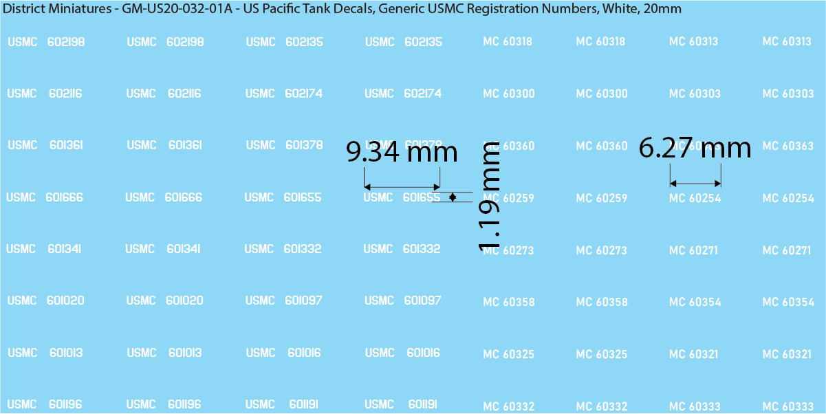 WW2 US Pacific Decals, Generic USMC Tank Registration Numbers (Multiple Options), 20mm Decals
