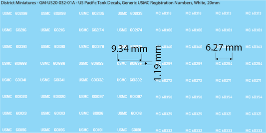 WW2 US Pacific Decals, Generic USMC Tank Registration Numbers (Multiple Options), 20mm Decals