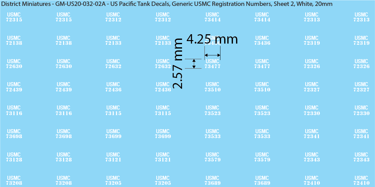 WW2 US Pacific Decals, Generic USMC Tank Registration Numbers (Multiple Options), 20mm Decals