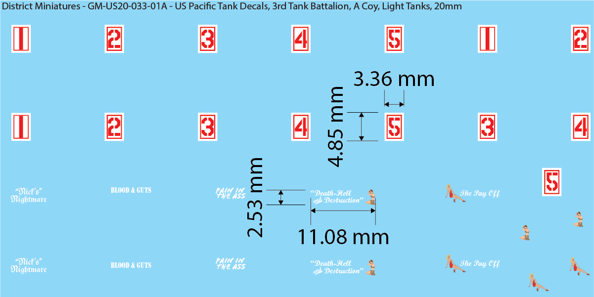WW2 US Pacific Decals, 3rd Tank Battalion Decals (Multiple Options), 20mm Decals