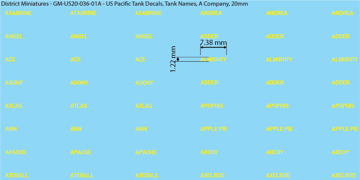 WW2 US Pacific Decals, Tank Names (Multiple Options), 20mm Decals