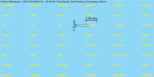 WW2 US Pacific Decals, Tank Names (Multiple Options), 20mm Decals