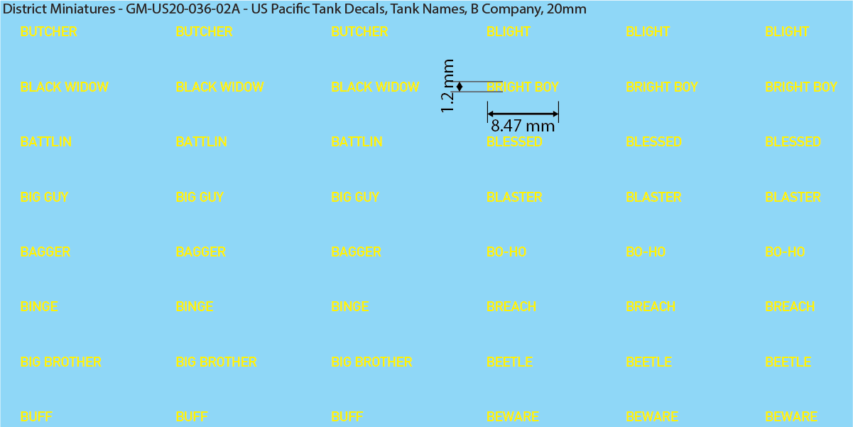 WW2 US Pacific Decals, Tank Names (Multiple Options), 20mm Decals