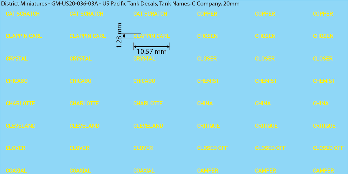WW2 US Pacific Decals, Tank Names (Multiple Options), 20mm Decals