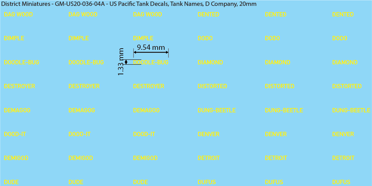 WW2 US Pacific Decals, Tank Names (Multiple Options), 20mm Decals