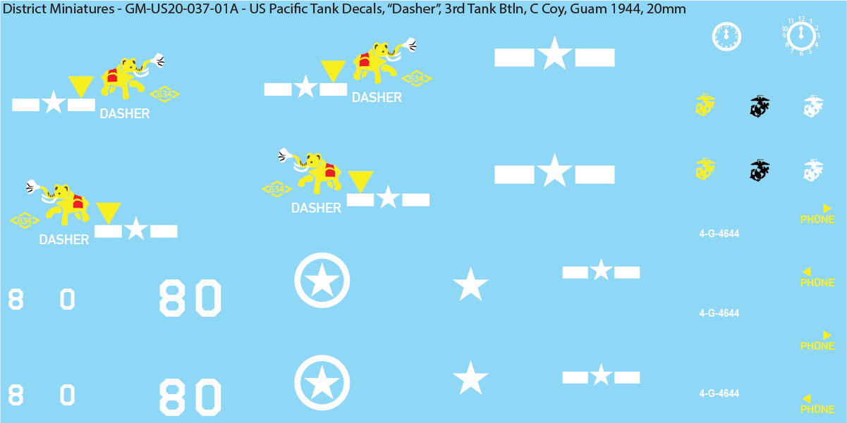 WW2 US Pacific Decals, Unique Sherman Tanks, 20mm Decals