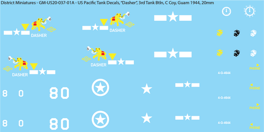 WW2 US Pacific Decals, Unique Sherman Tanks, 20mm Decals