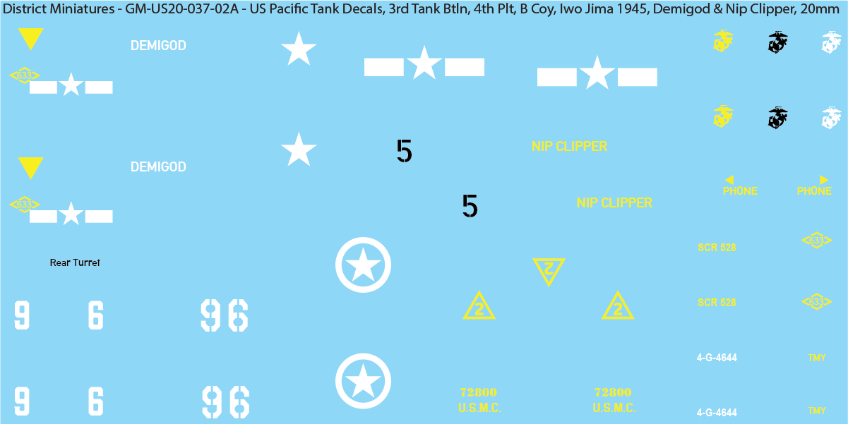 WW2 US Pacific Decals, Unique Sherman Tanks, 20mm Decals