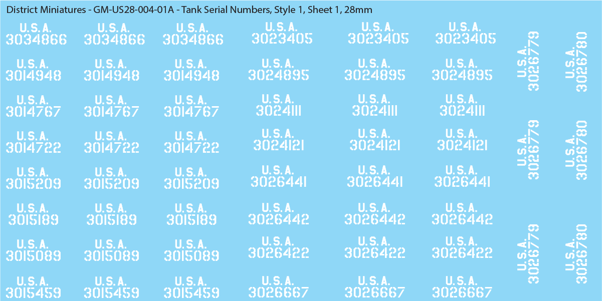 WW2 US Tank Vehicle Numbers, 28mm Decals