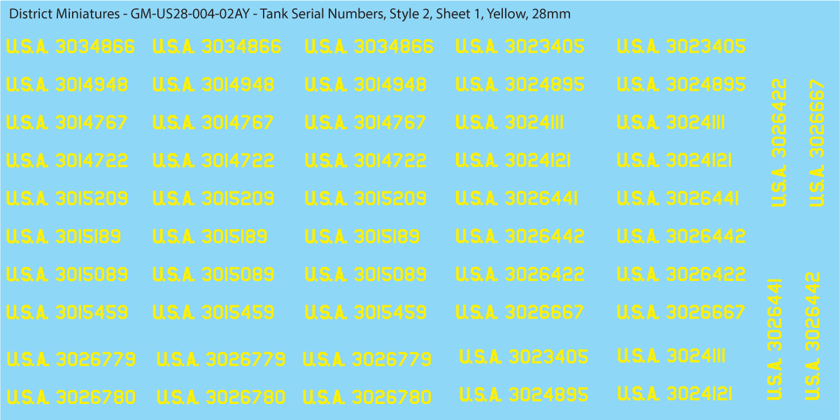 WW2 US Tank Vehicle Numbers, 28mm Decals