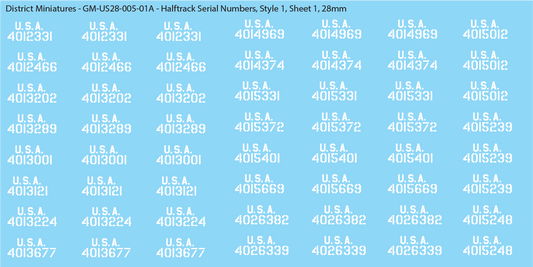 WW2 US Halftrack Vehicle Numbers, 28mm Decals