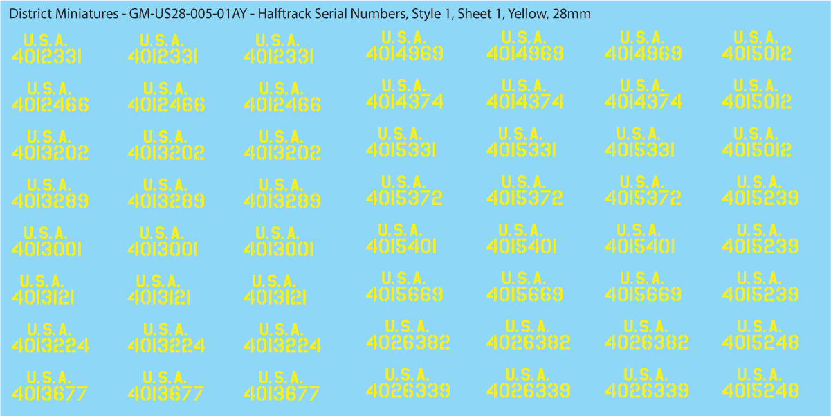 WW2 US Halftrack Vehicle Numbers, 28mm Decals