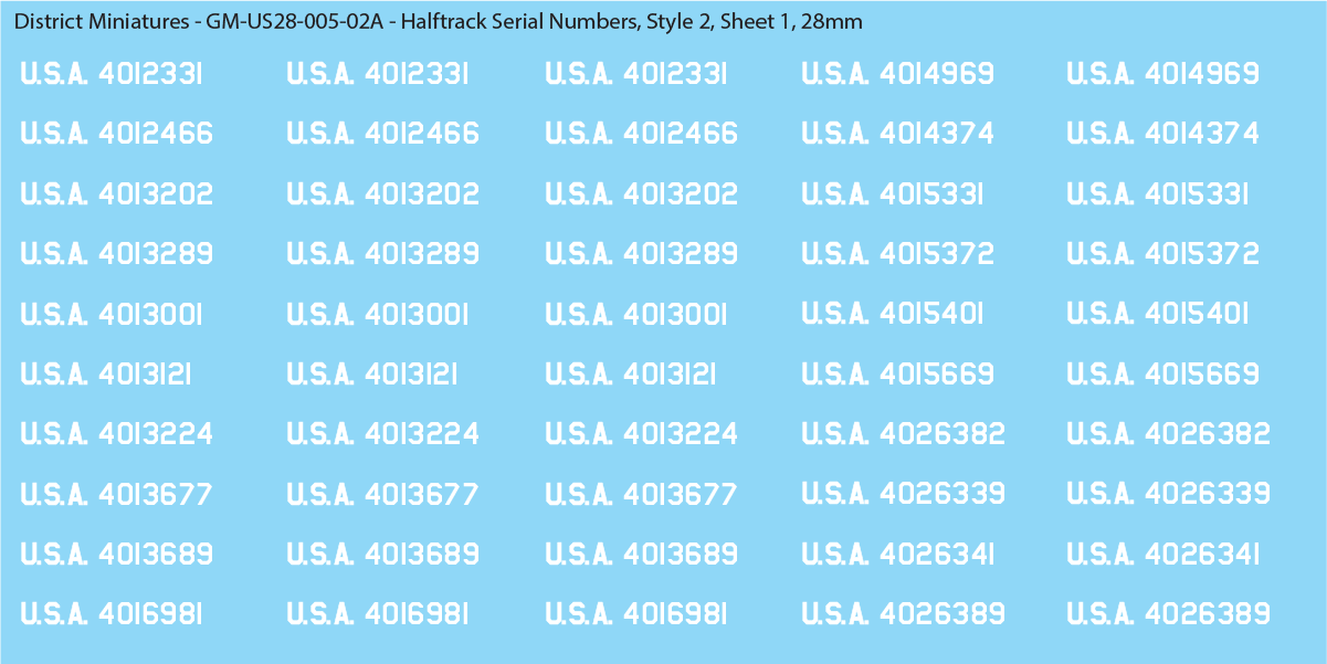 WW2 US Halftrack Vehicle Numbers, 28mm Decals