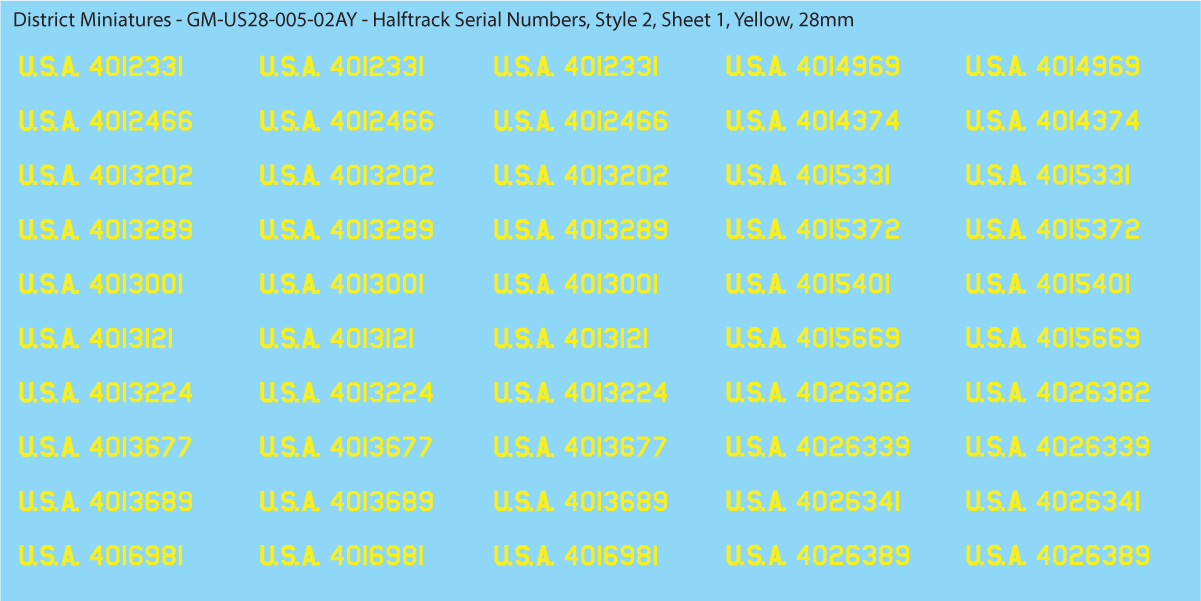 WW2 US Halftrack Vehicle Numbers, 28mm Decals