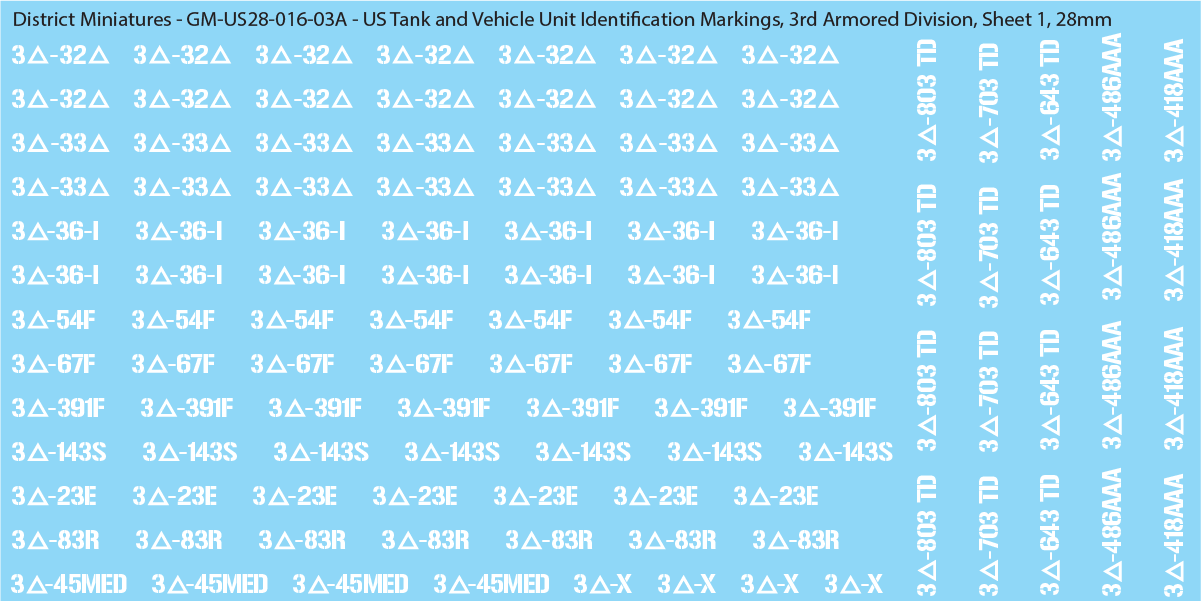WW2 US - US Tanks and Vehicle Unit Identification Markings, 28mm Decals