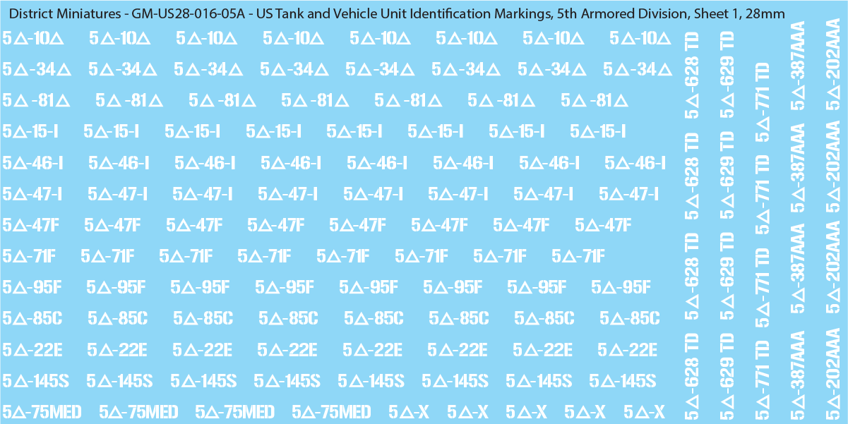 WW2 US - US Tanks and Vehicle Unit Identification Markings, 28mm Decals