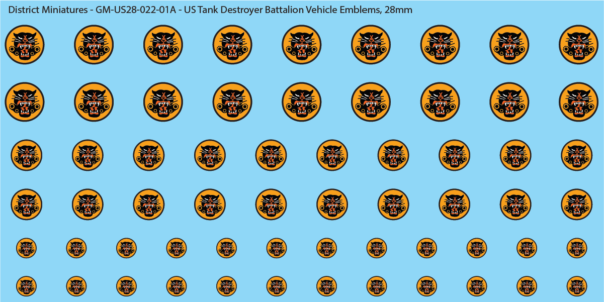 WW2 US - US Tank Destroyer Battalion Vehicle Emblems, 28mm Decals